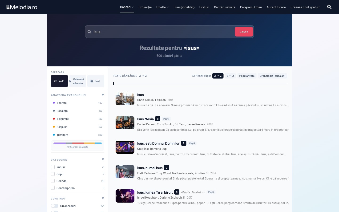 Pagina de căutare Melodia: 500 de rezultate pentru isus, cu filtre pe teme și categorii